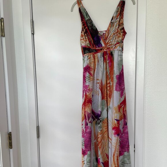 JohnPaulRichard Floral Print Maxi dress,  Orange, Fuchsia,‎ V-Neck, Size Small - Picture 1 of 6